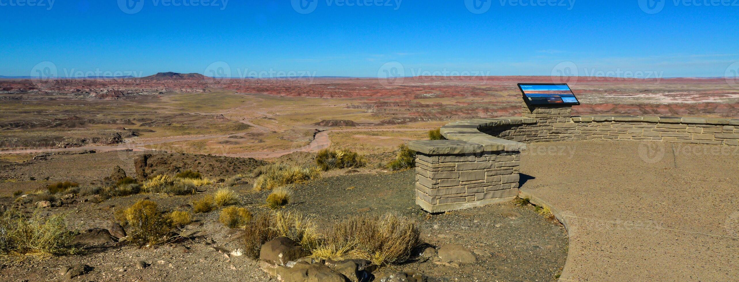 USA, ARIZONA - NOVEMBER 18, 2019 viewpoint, Arizona mountain eroded landscape, Petrified Forest National Wilderness Area and Painted Desert photo