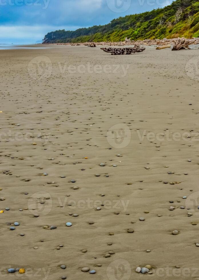 Round colored stones on the wide shore of the Pacific Ocean in Olympic National Park, Washington photo