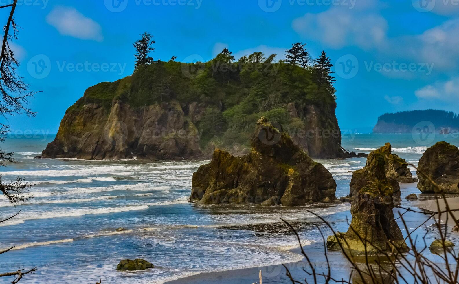 Marine landscape. Small islands and rocks on the shores of the Pacific Ocean in Olympic National Park, Washington photo