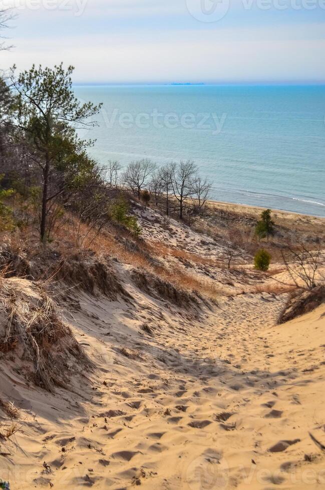 Sand dunes with traces of people on a sand path down. Indiana Dunes National Lakeshore, USA photo