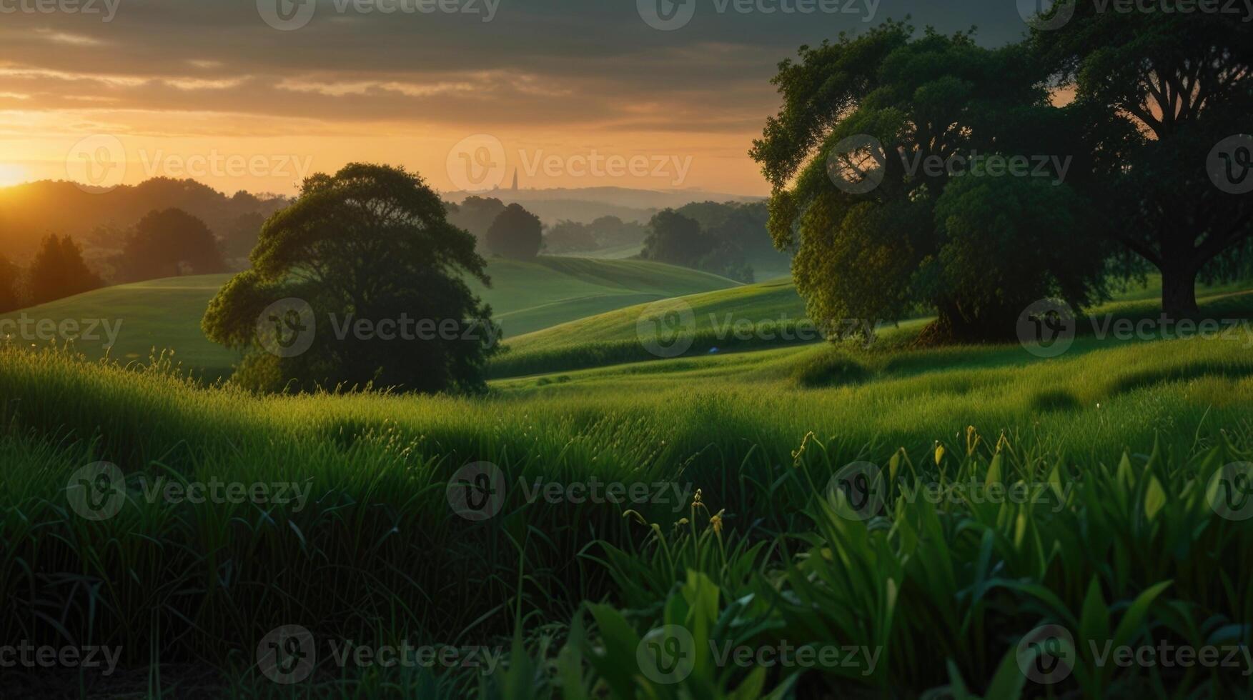 A lush green landscape at sunset photo