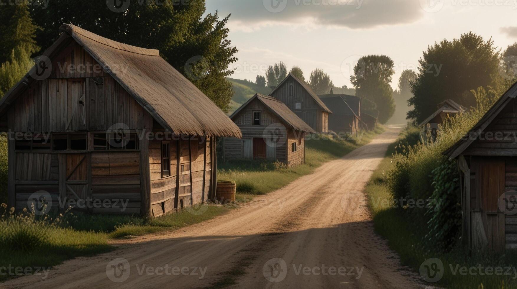 A dirt road winds through a village with old wooden houses and barns photo