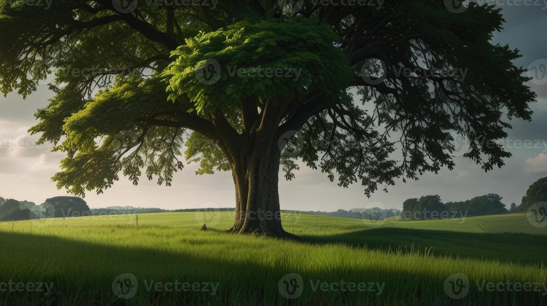 A lush green landscape with a big tree in the foreground photo