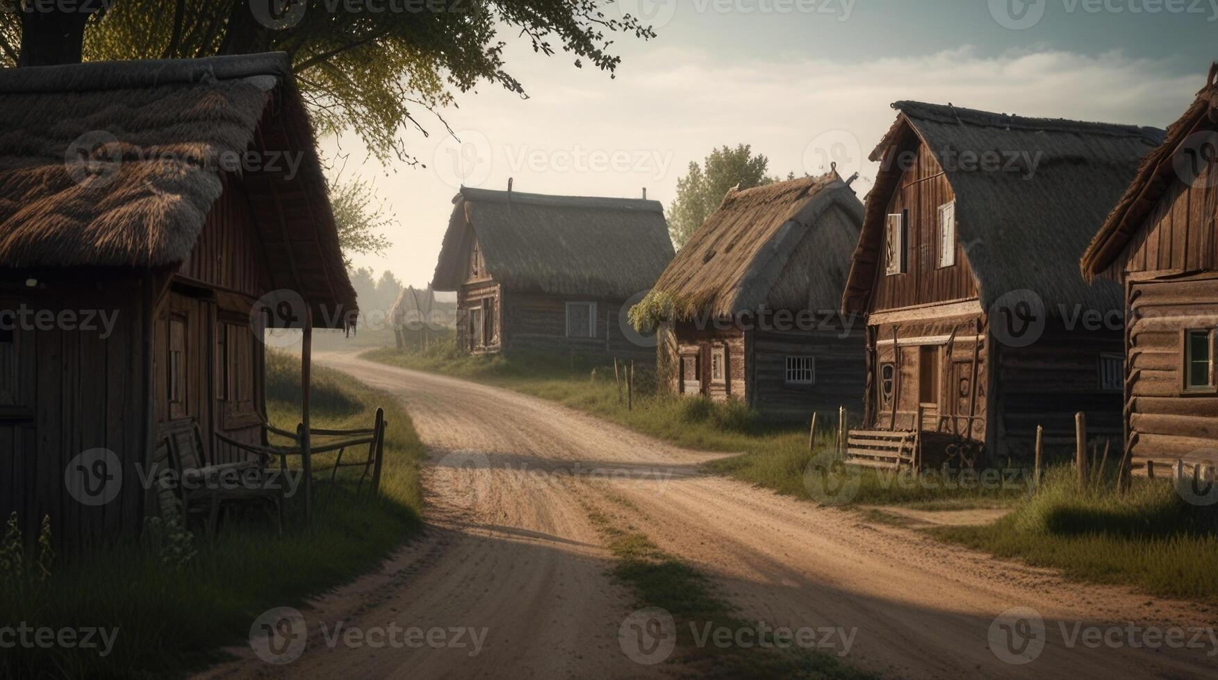 A dirt road winds through a village with old wooden houses and barns photo