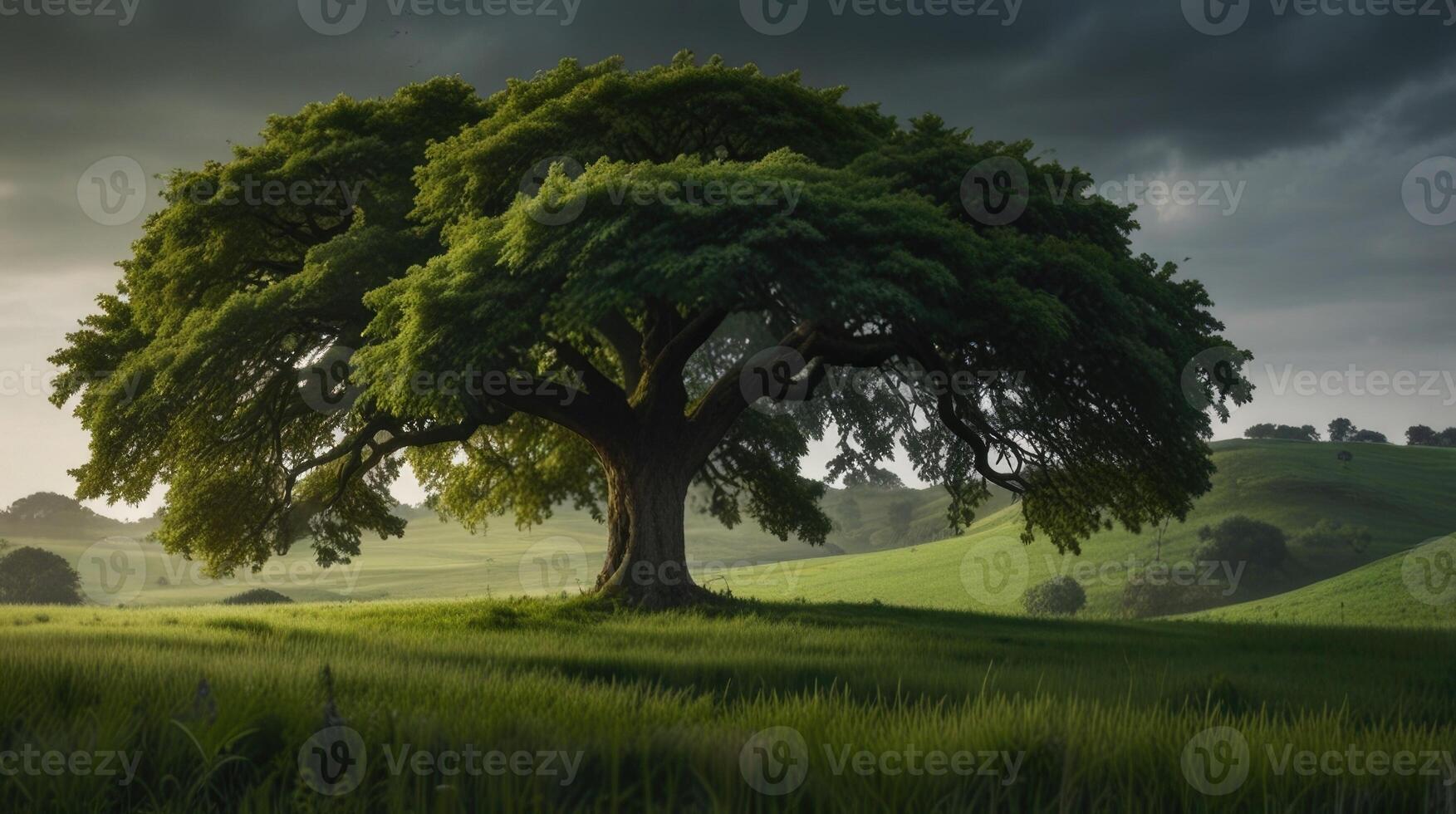 A lush green landscape with a big tree in the foreground photo