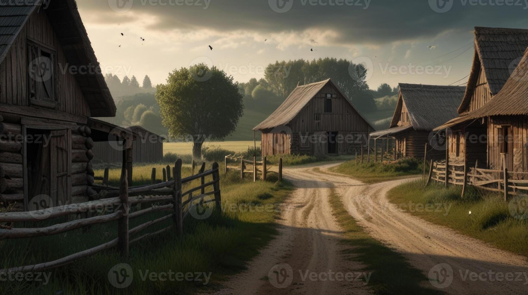 A dirt road winds through a village with old wooden houses and barns photo