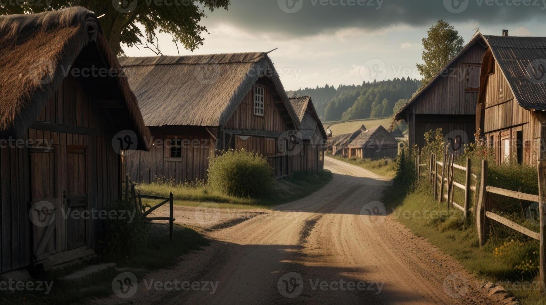 A dirt road winds through a village with old wooden houses and barns photo