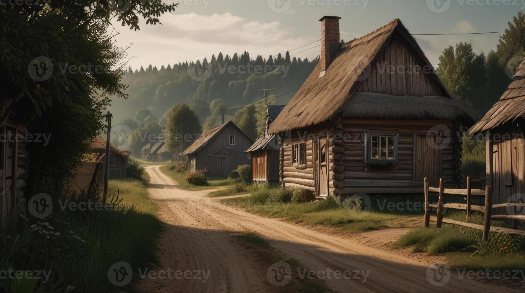 A dirt road winds through a village with old wooden houses and barns photo