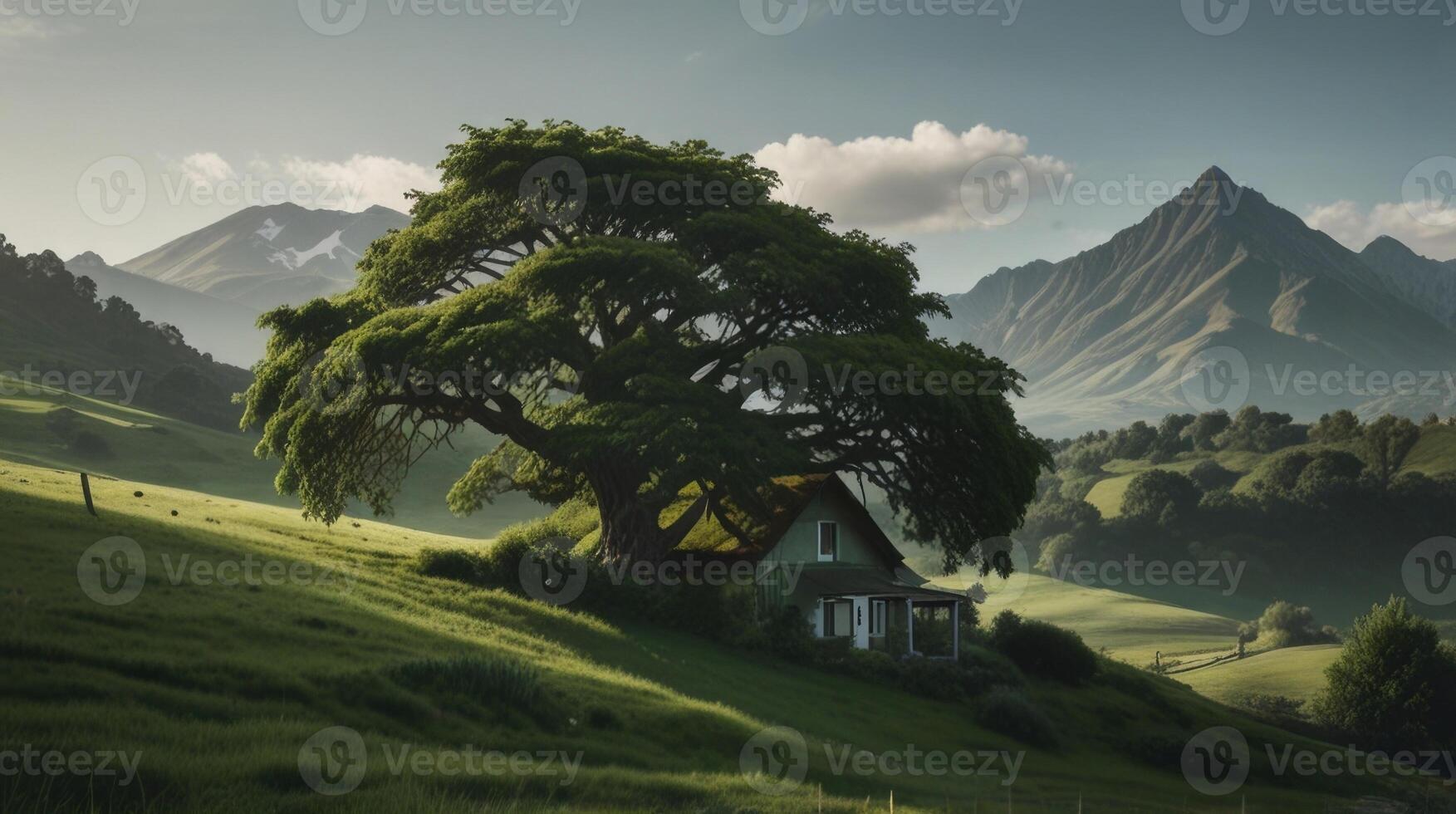 A lush green landscape with a big tree in the foreground photo