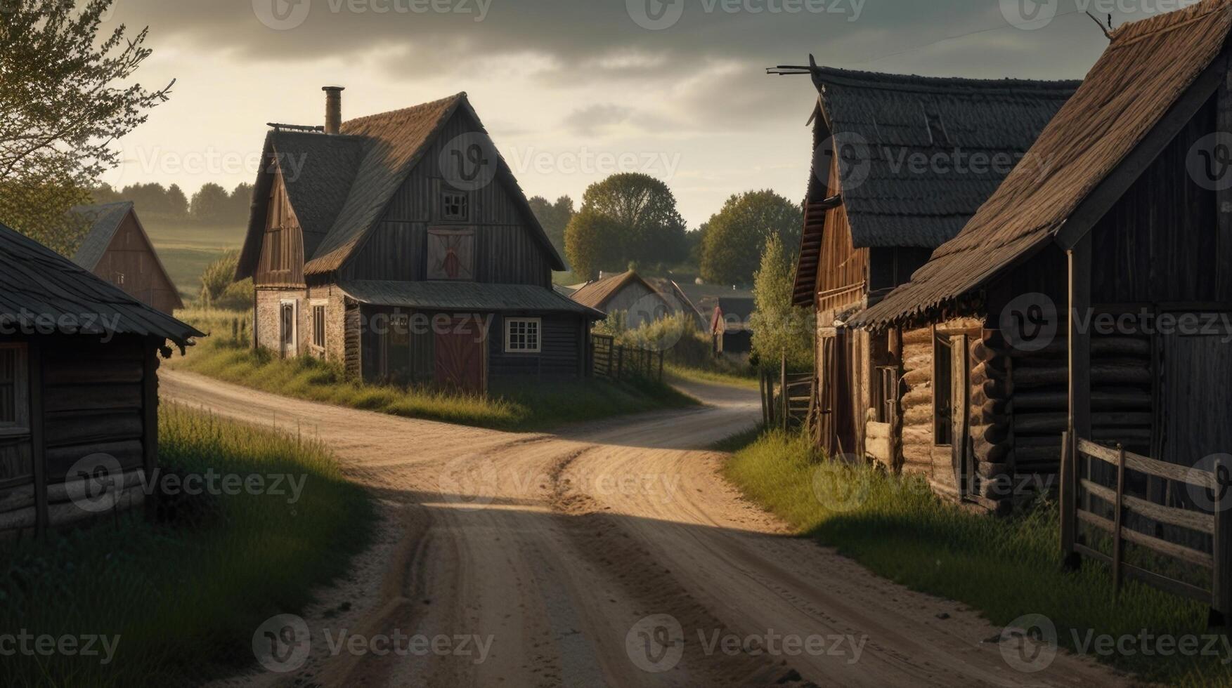 A dirt road winds through a village with old wooden houses and barns photo