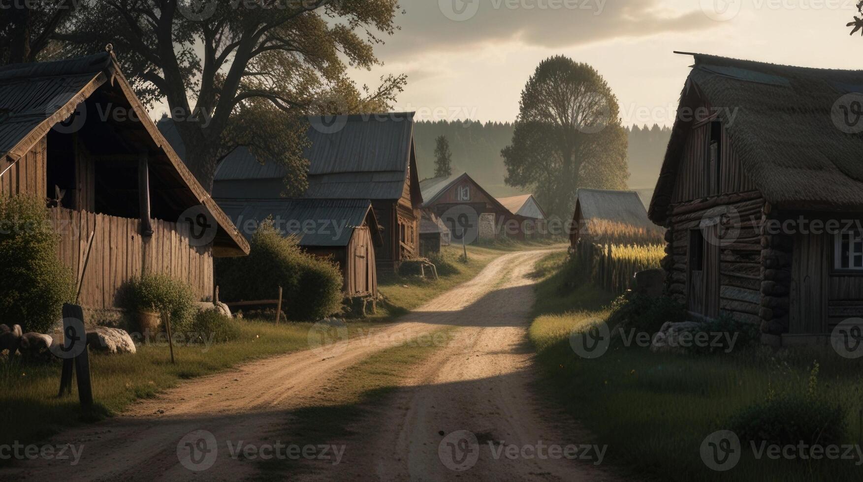 A dirt road winds through a village with old wooden houses and barns photo
