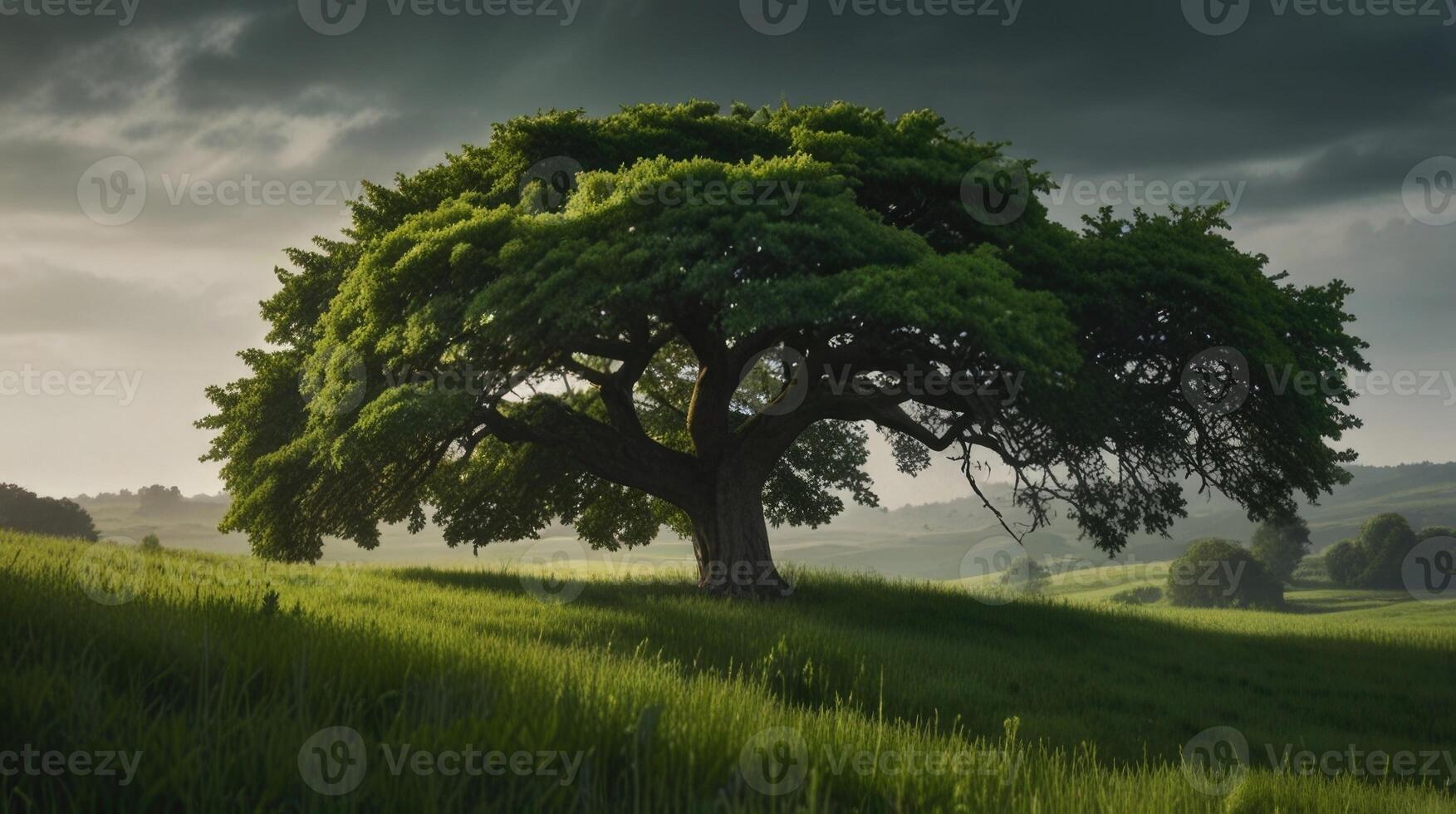 A lush green landscape with a big tree in the foreground photo