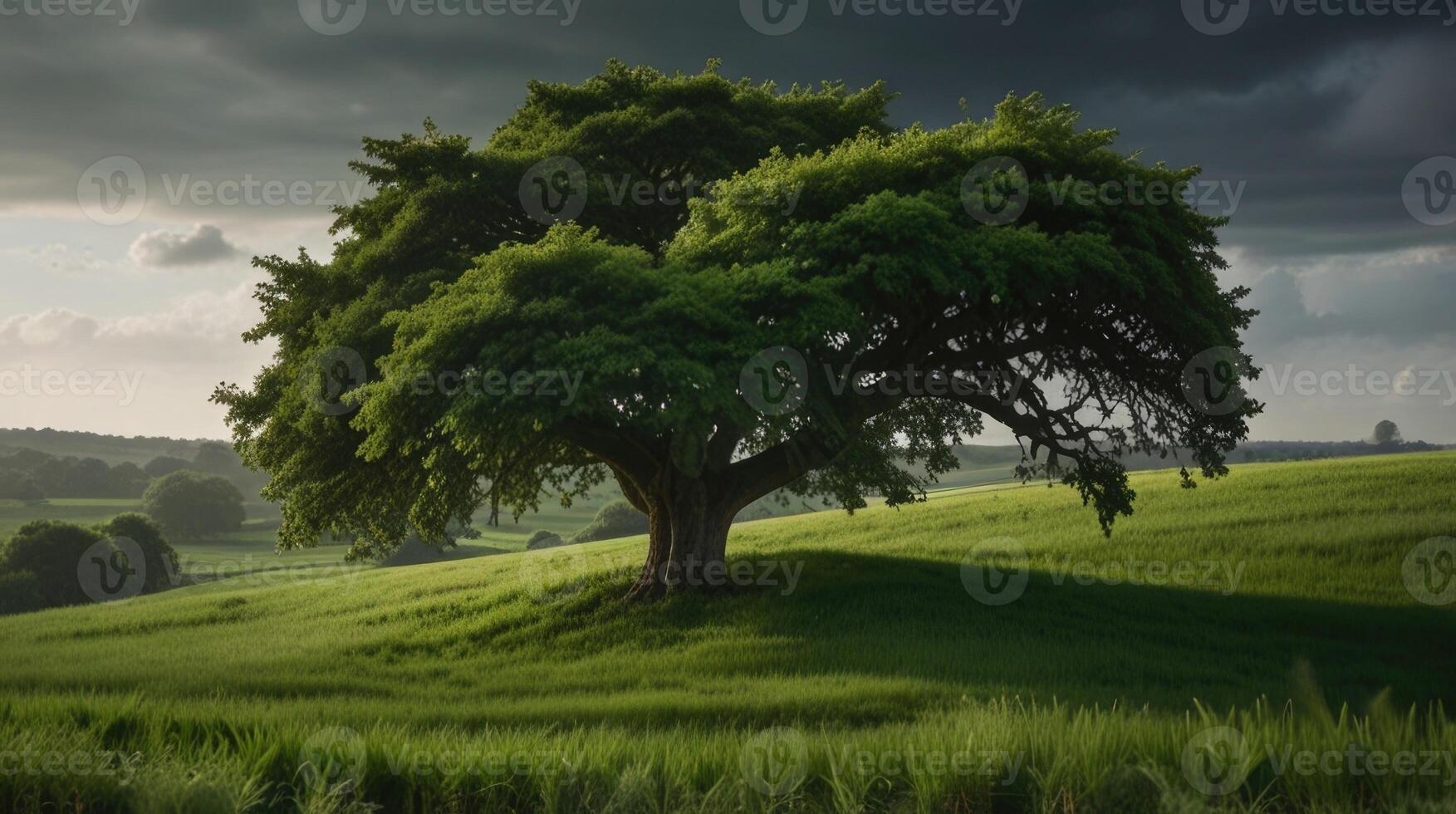 A lush green landscape with a big tree in the foreground photo