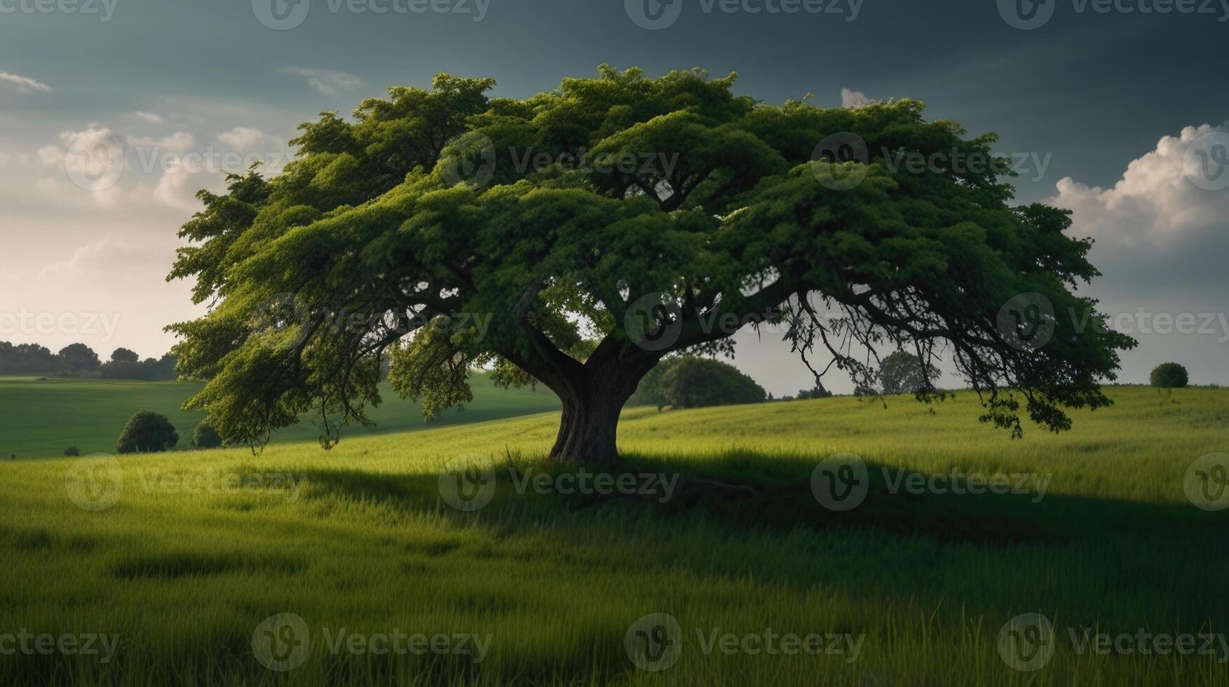 A lush green landscape with a big tree in the foreground photo