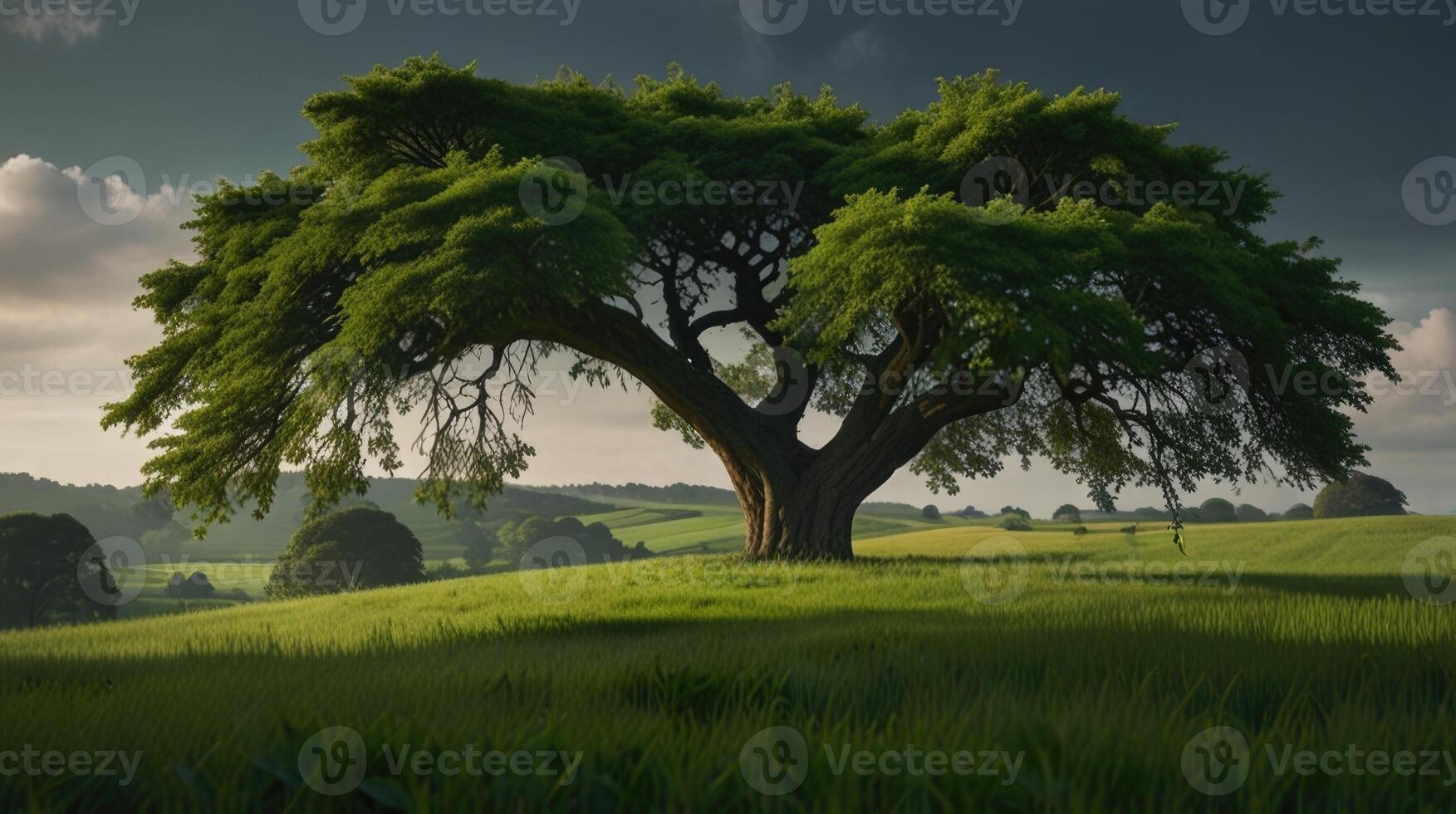 A lush green landscape with a big tree in the foreground photo