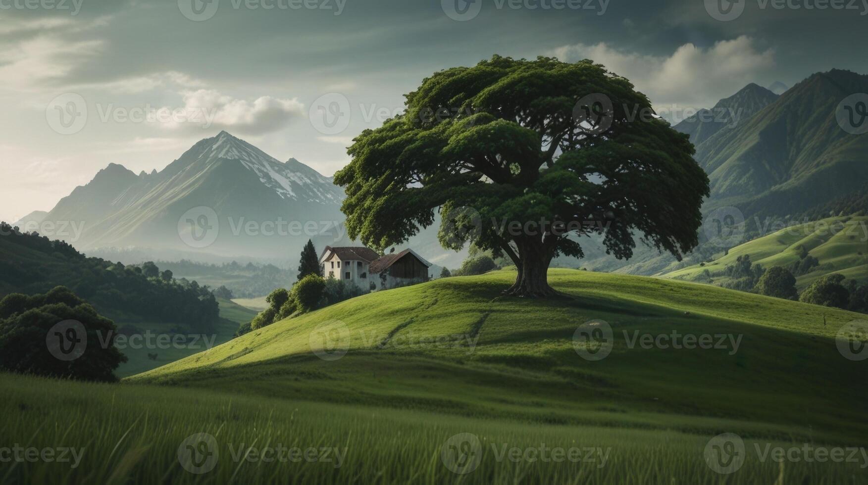 A lush green landscape with a big tree in the foreground photo