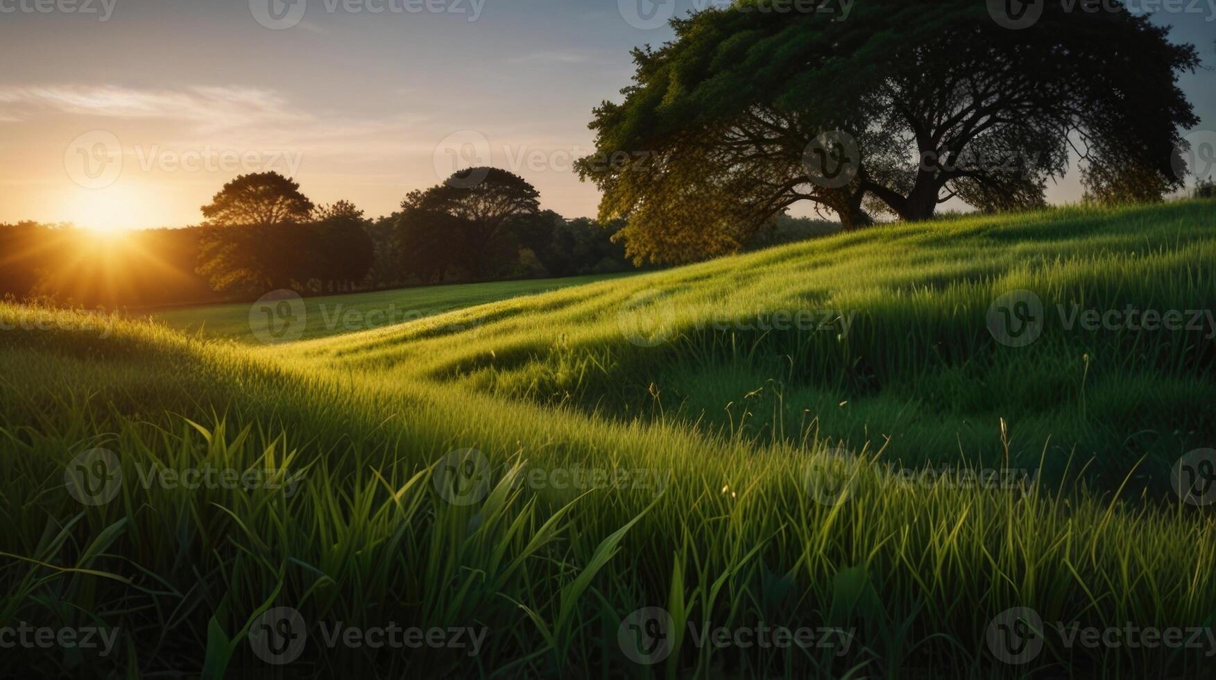 A lush green landscape at sunset photo