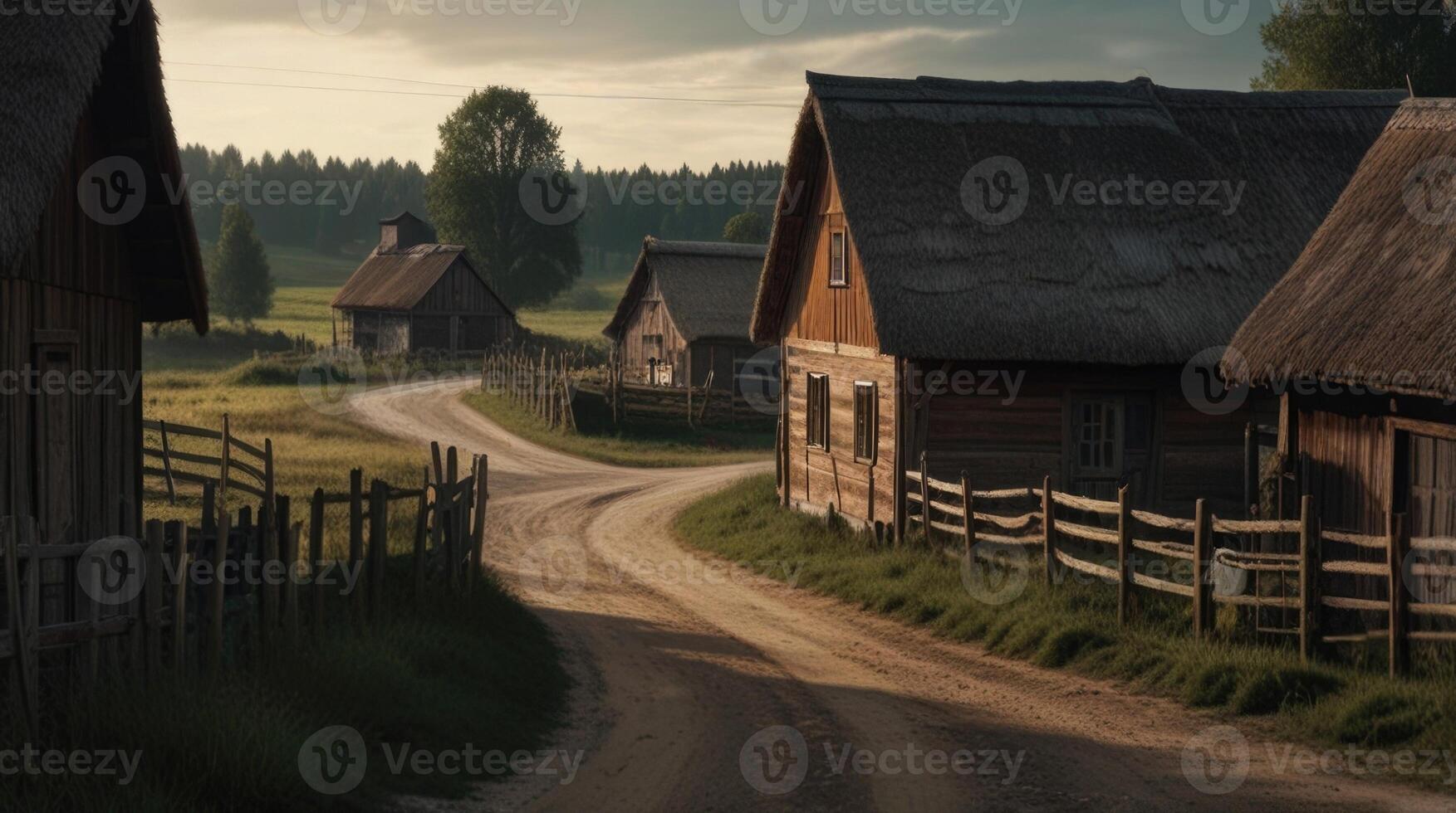 A dirt road winds through a village with old wooden houses and barns photo