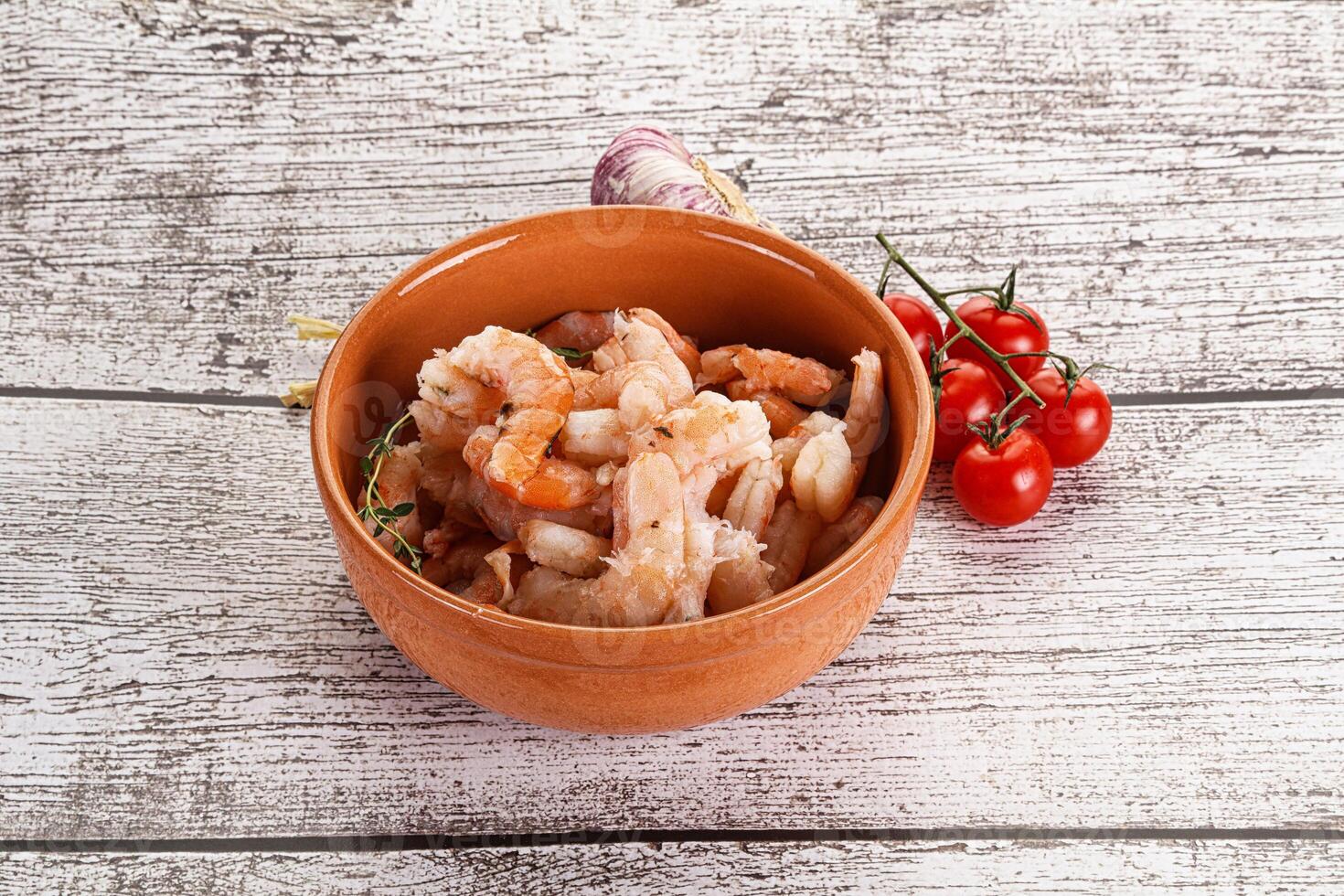 Raw peeled prawn in the bowl photo