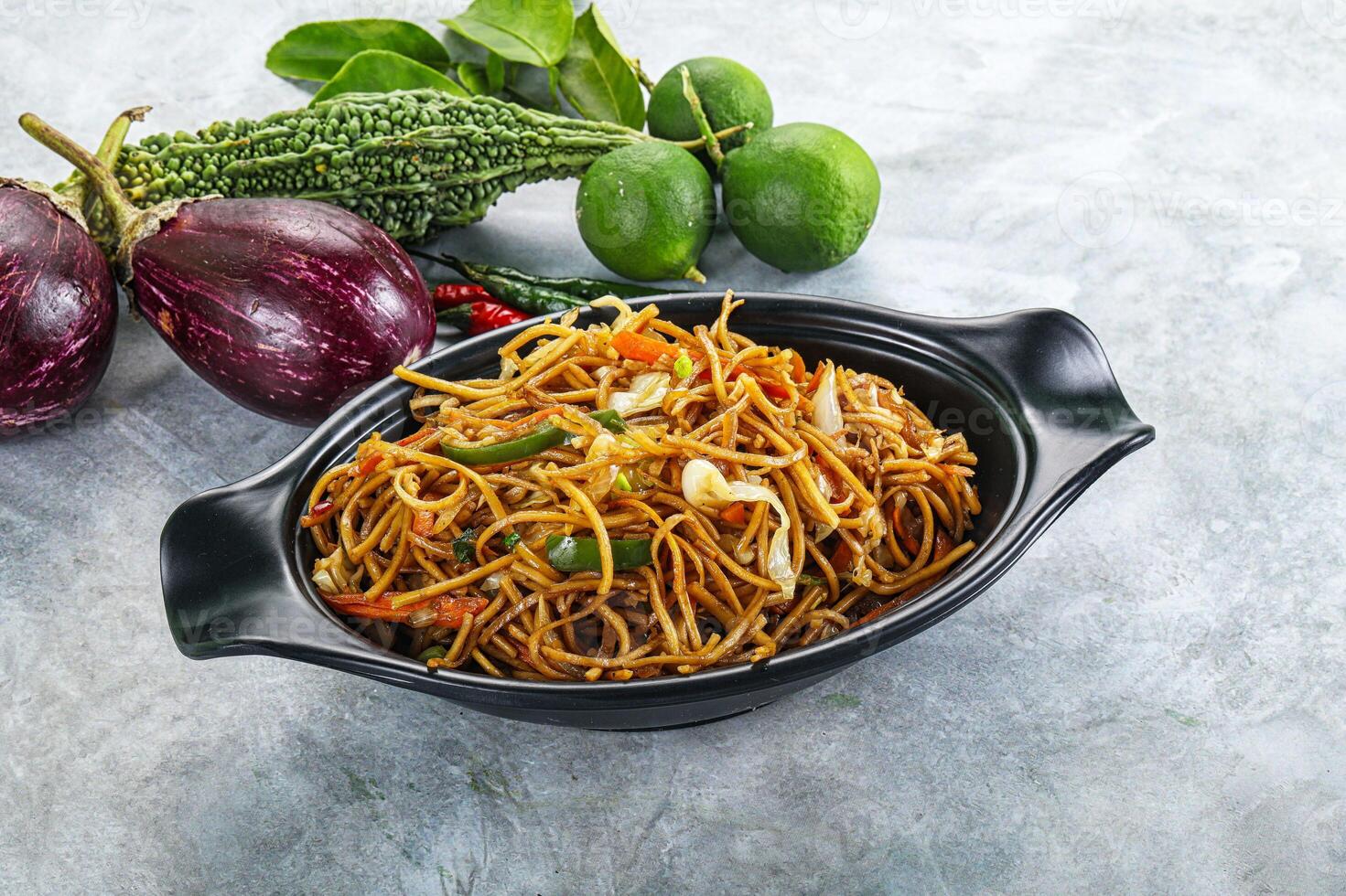 Stir fried noodles with vegetables photo