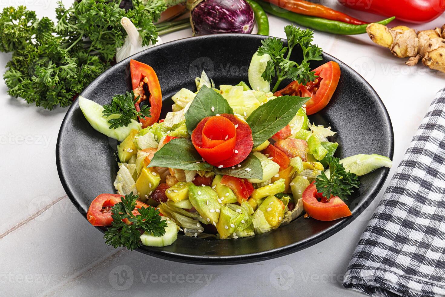 Vegetarian green avocado salad with basil photo