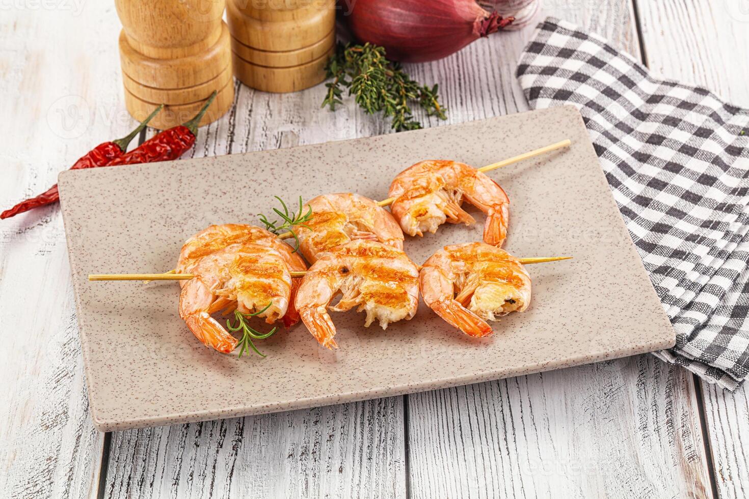 Grilled king prawn skewer snack photo