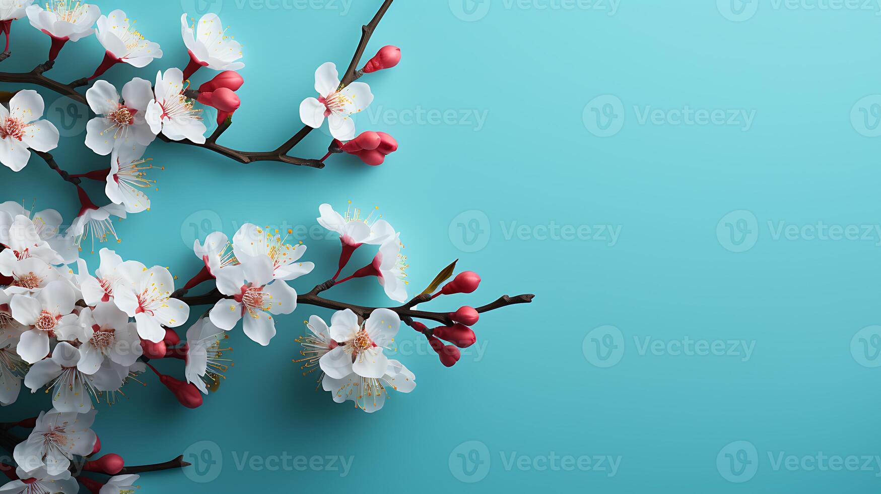 Spring Flowers White Cherry Blossoming Branches on Blue Background with copy space photo
