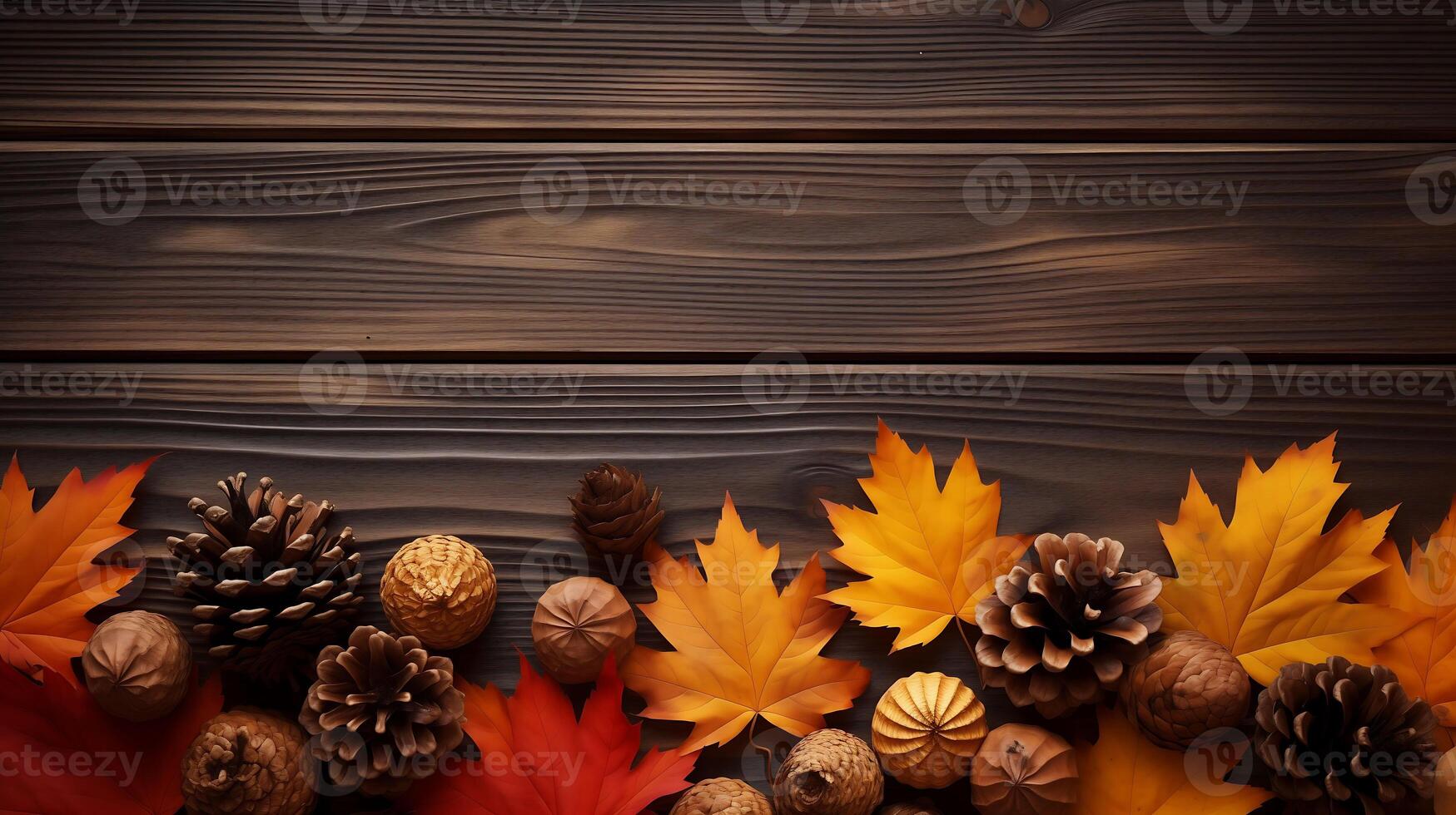 Autumn maple leaves with pine cones on wooden table top view Background with copy space photo
