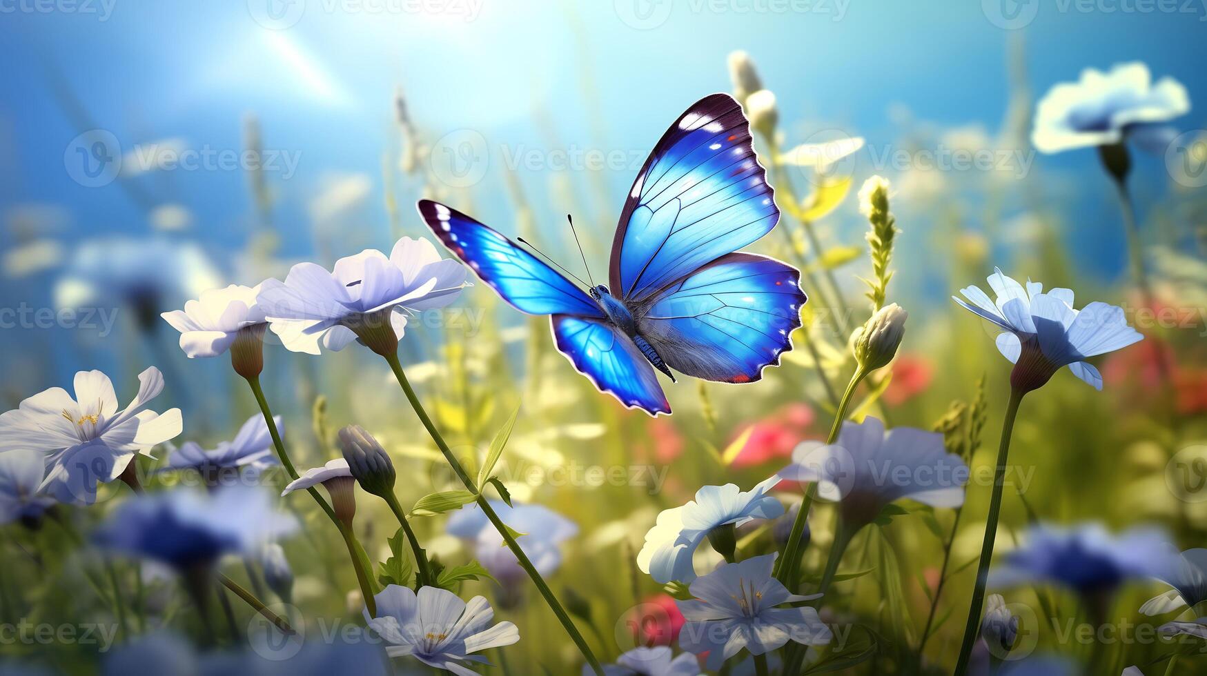 blue butterfly on daisies under a cloudy morning in spring summer background photo
