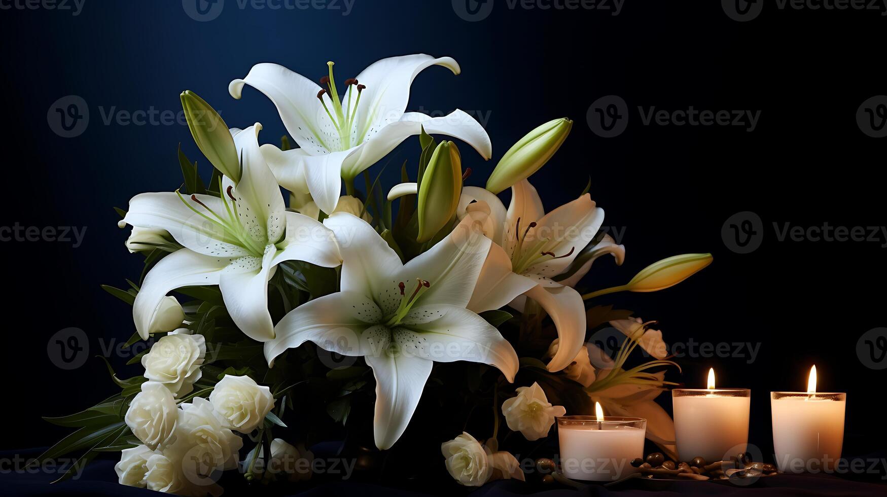 Funeral themed White Lily flower and burning candle on black background design photo