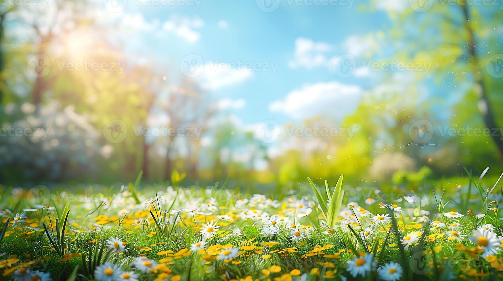 Green grass field with scattered wildflowers and a soft sunny sky backdrop photo
