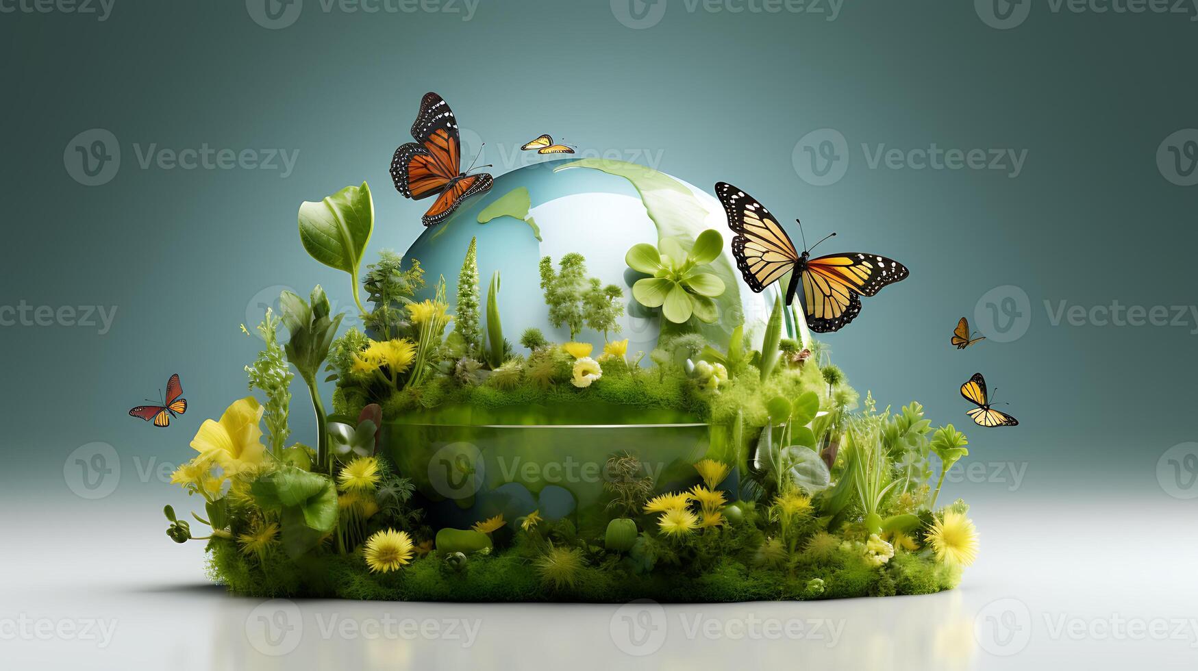 Globe with butterflies flowers for sustainable planet earth environment concept photo
