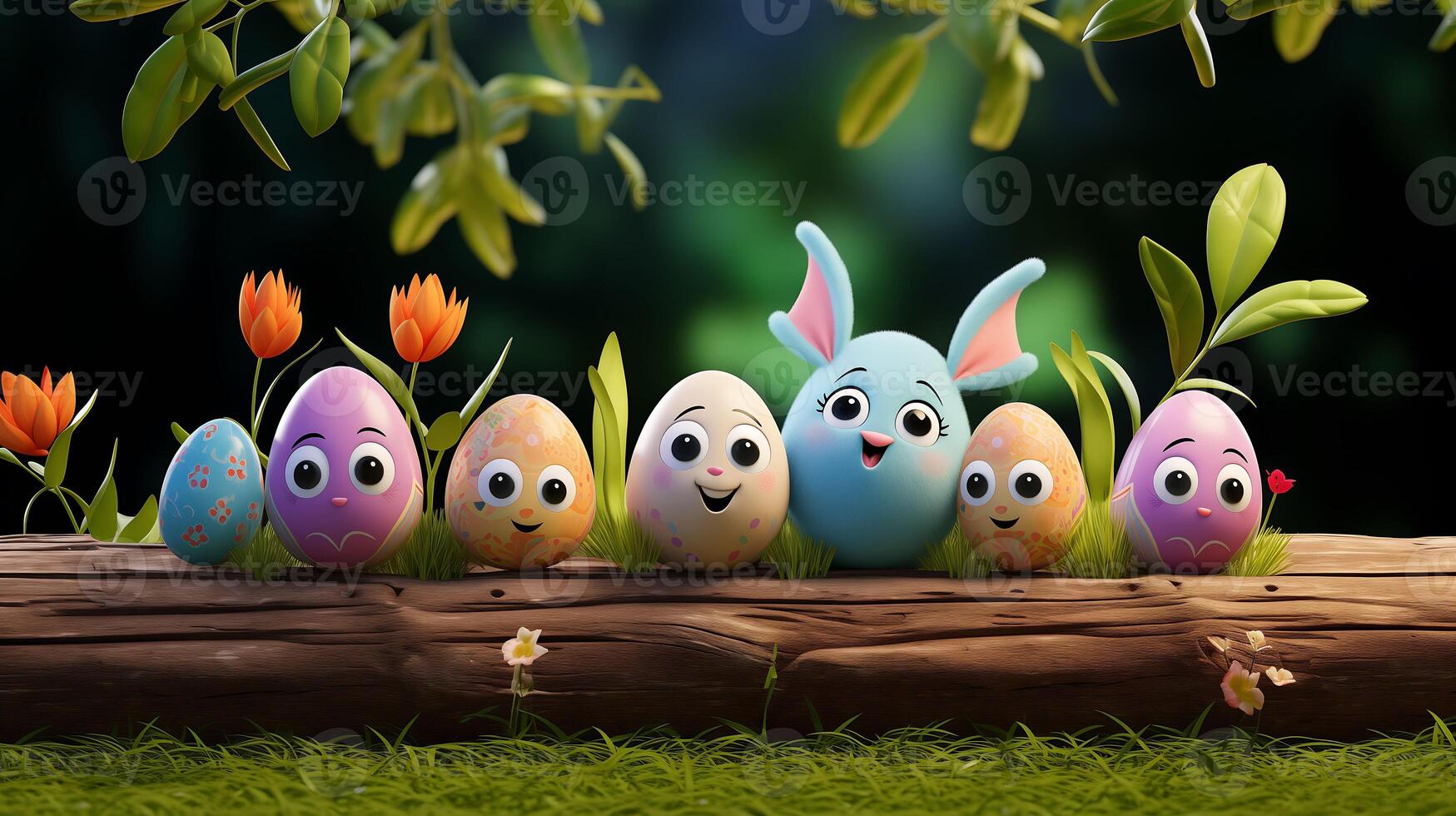 Cute Easter eggs on wooden surface against blurred background. Spring holidays concept photo