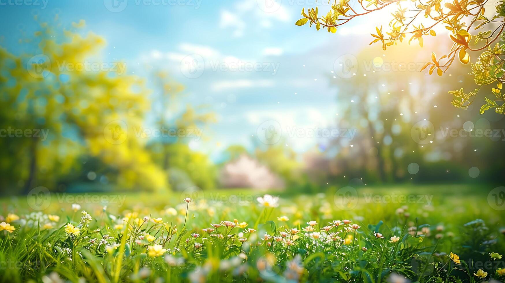 beautiful spring flowers on the green grass in the garden with trees at the morning photo
