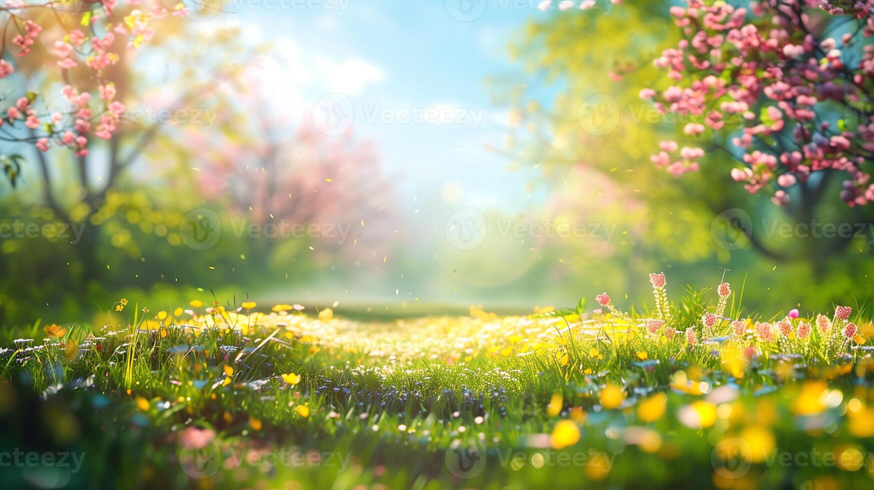 flowers bloom among the grass in a park with trees at the morning blooming background photo