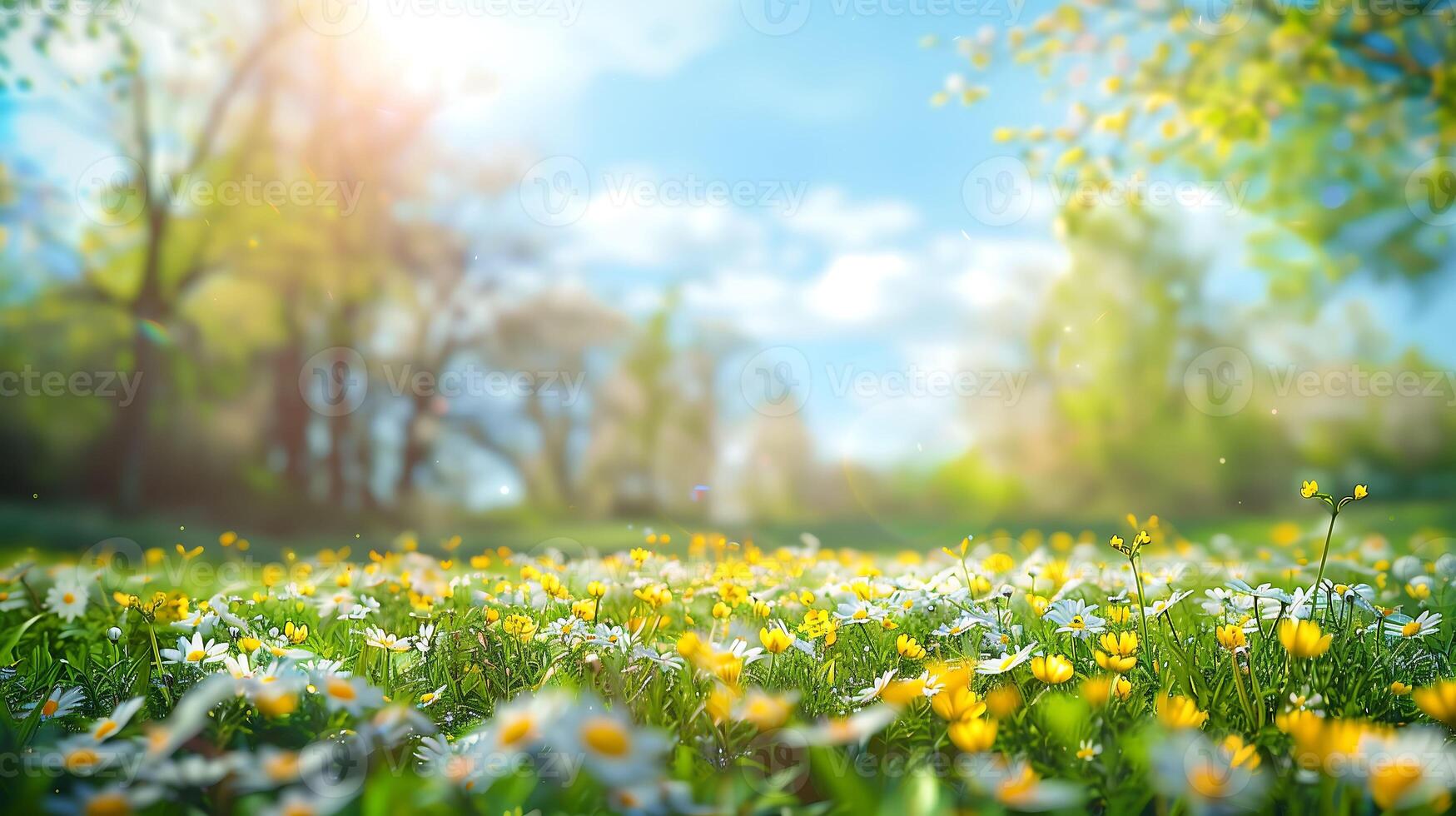 Flowers and green grass field with trees at the morning sunlight blooming background photo