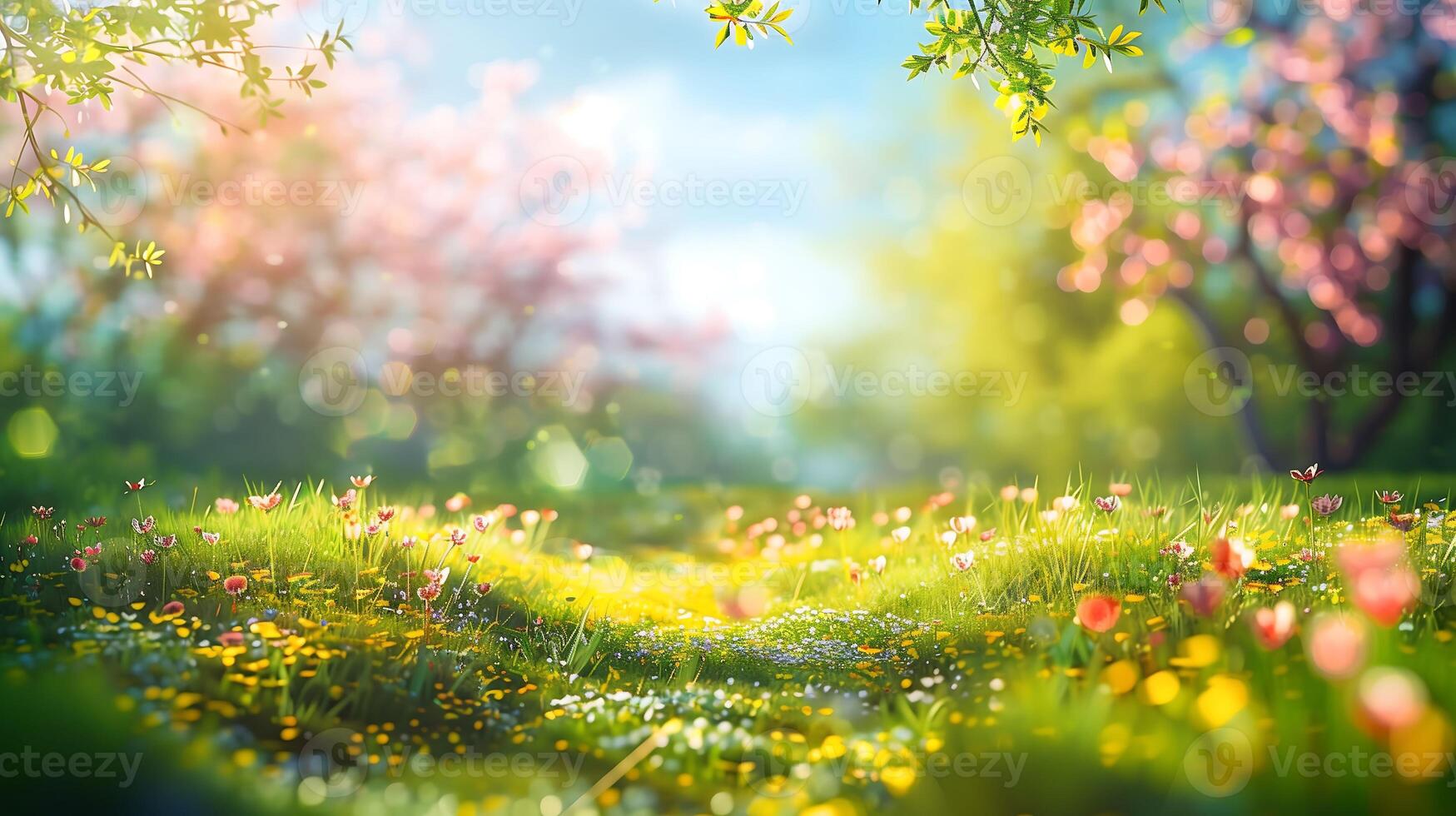 Wildflower Grass Field with trees at the morning sunlight blooming background photo