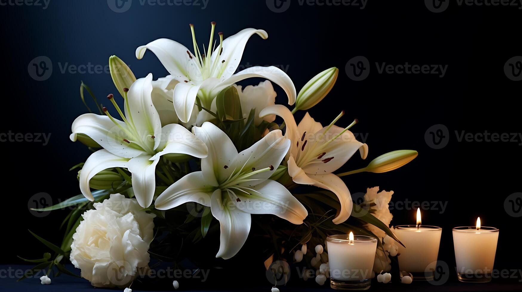 Peaceful condolence background with White Lily flower and candles on dark background photo