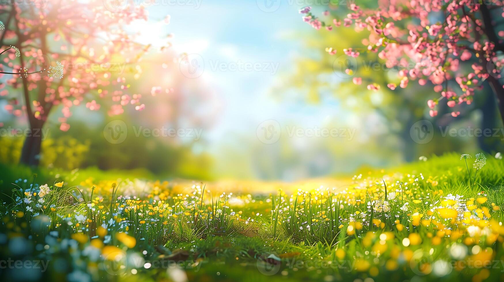 Daisy field on a clear day with trees at the morning sunlight blooming background photo