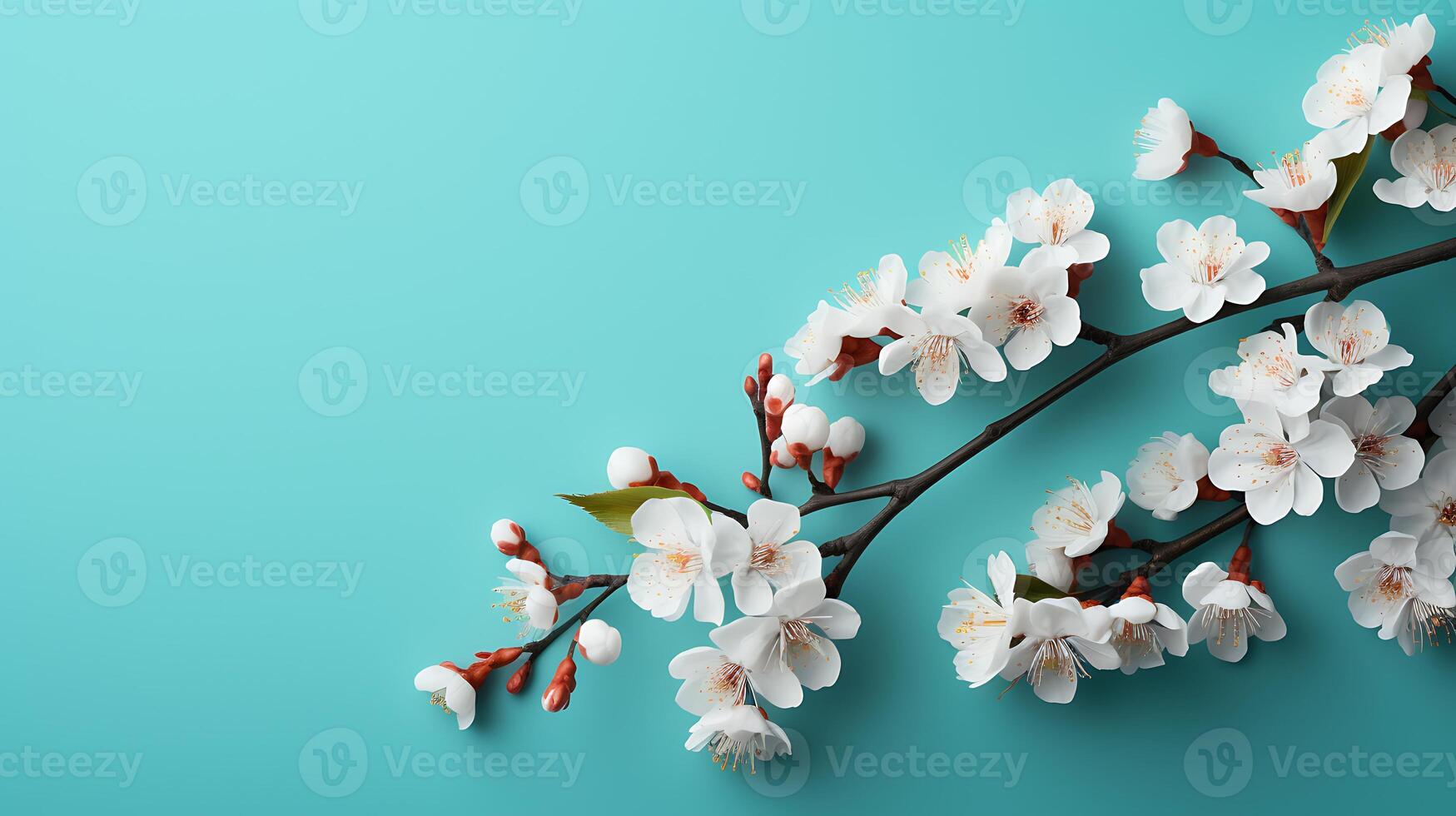 White Cherry Flowers Blossoming Branches on Blue Background with copy space photo