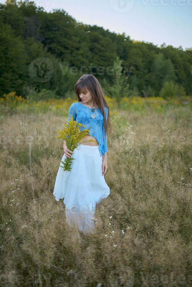 woman in whimsical aesthetic style dress in field in summer at sunset photo
