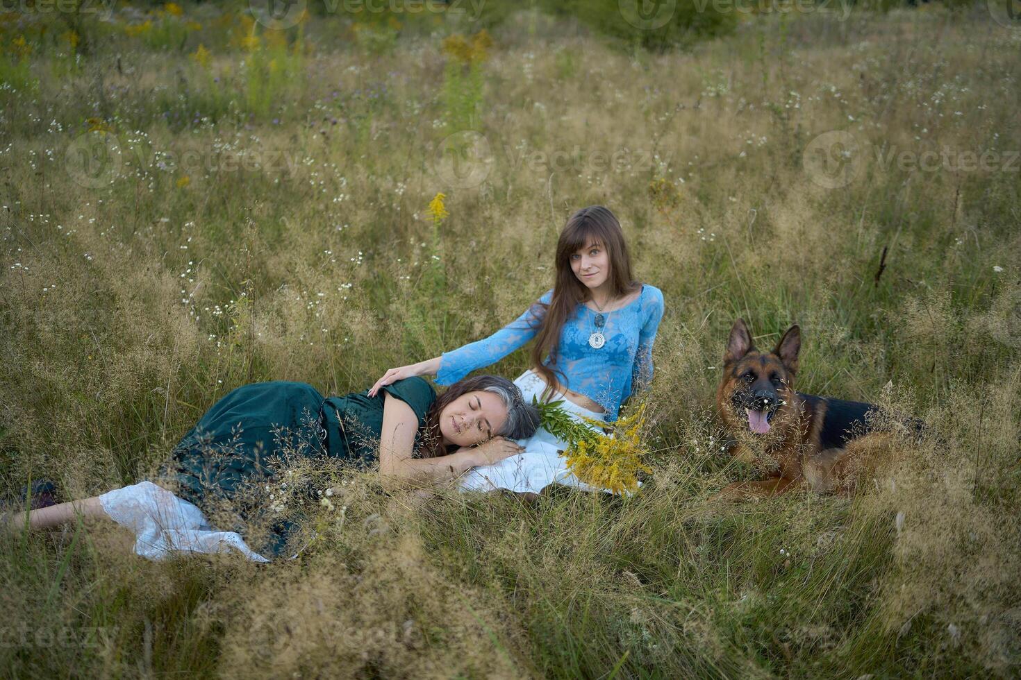 two woman in a whimsical aesthetic style dress with a german shepherd in a field in the summer at sunset photo