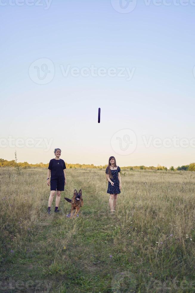 two women play in the field with a german shepherd dog toy at sunset photo