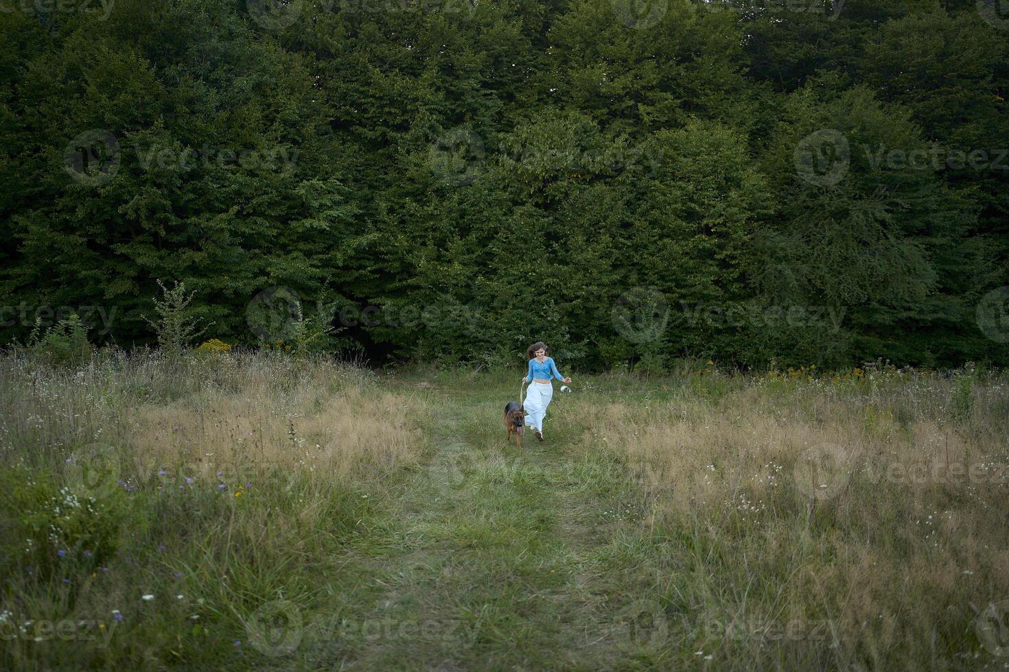 a woman in a Whimsical Aesthetic style dress with a German shepherd in a field photo