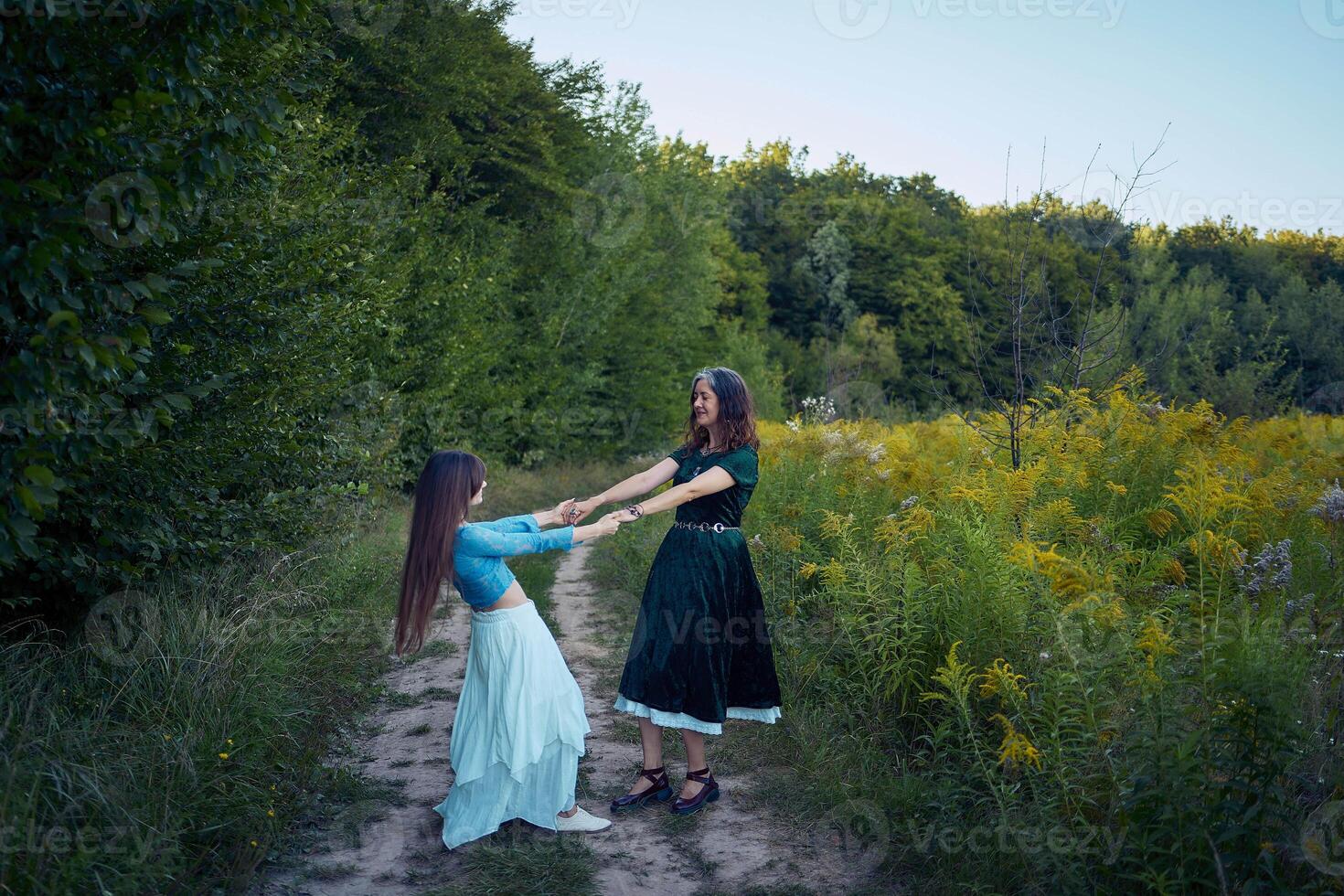 two woman in a whimsical aesthetic style dress with a german shepherd in a field in the summer at sunset photo