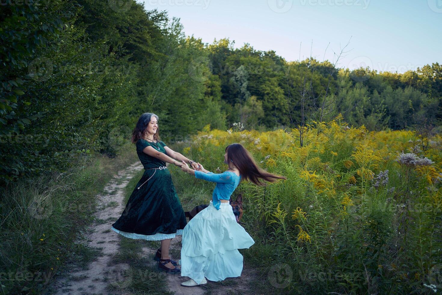 two woman in a whimsical aesthetic style dress with a german shepherd in a field in the summer at sunset photo