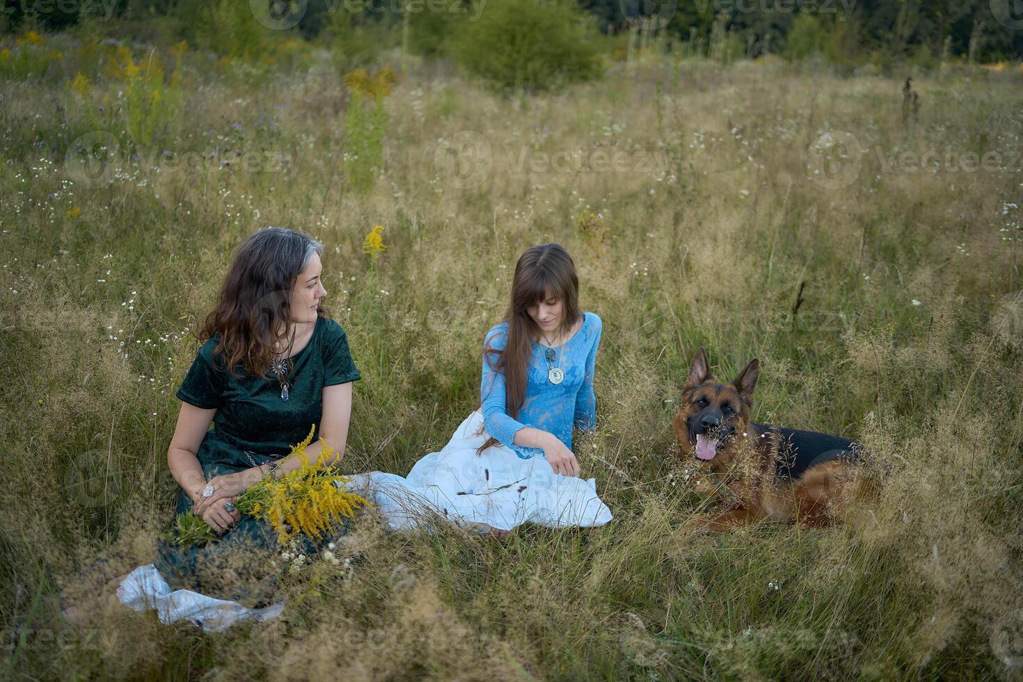 two woman in a whimsical aesthetic style dress with a german shepherd in a field in the summer at sunset photo