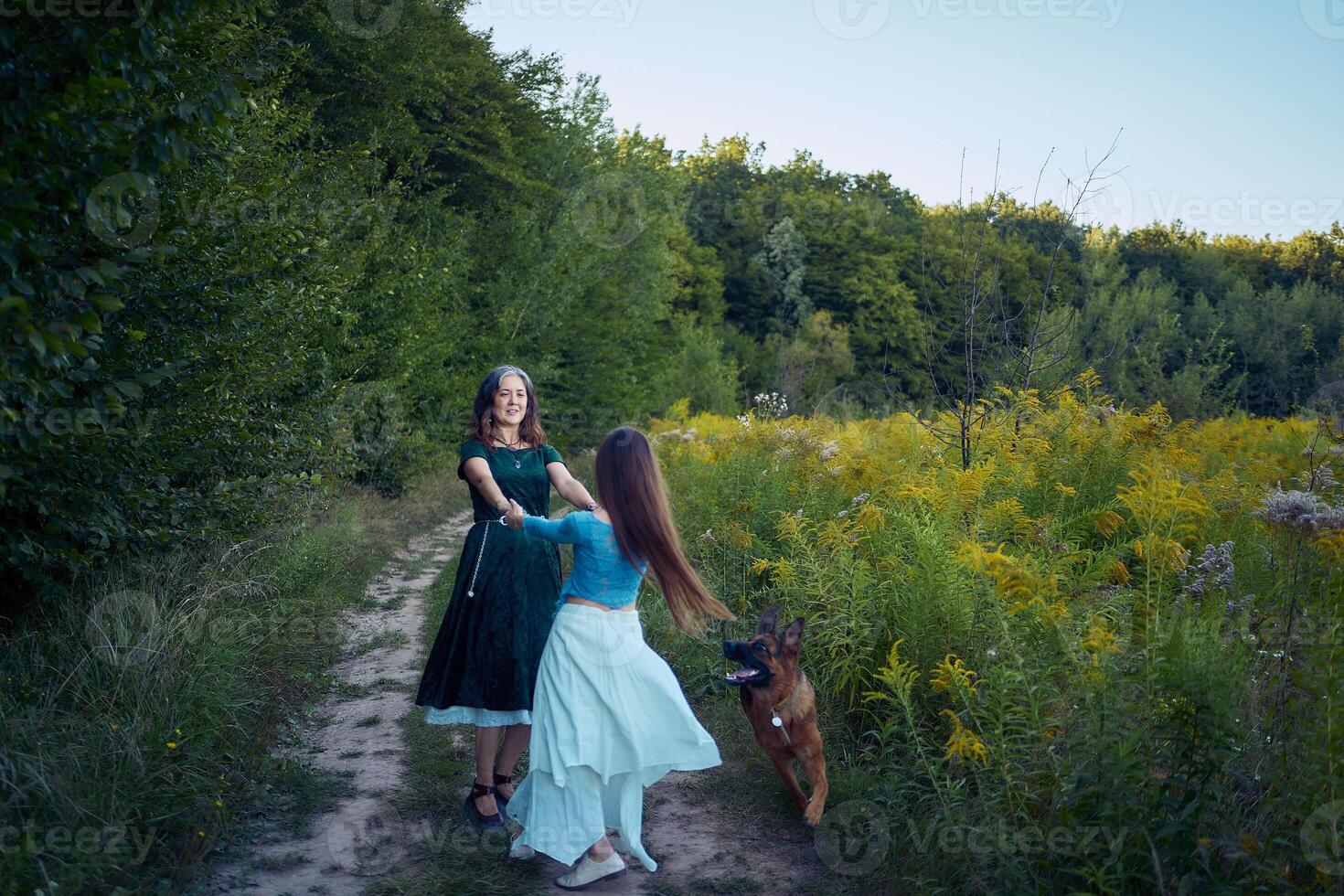 two woman in a whimsical aesthetic style dress with a german shepherd in a field in the summer at sunset photo