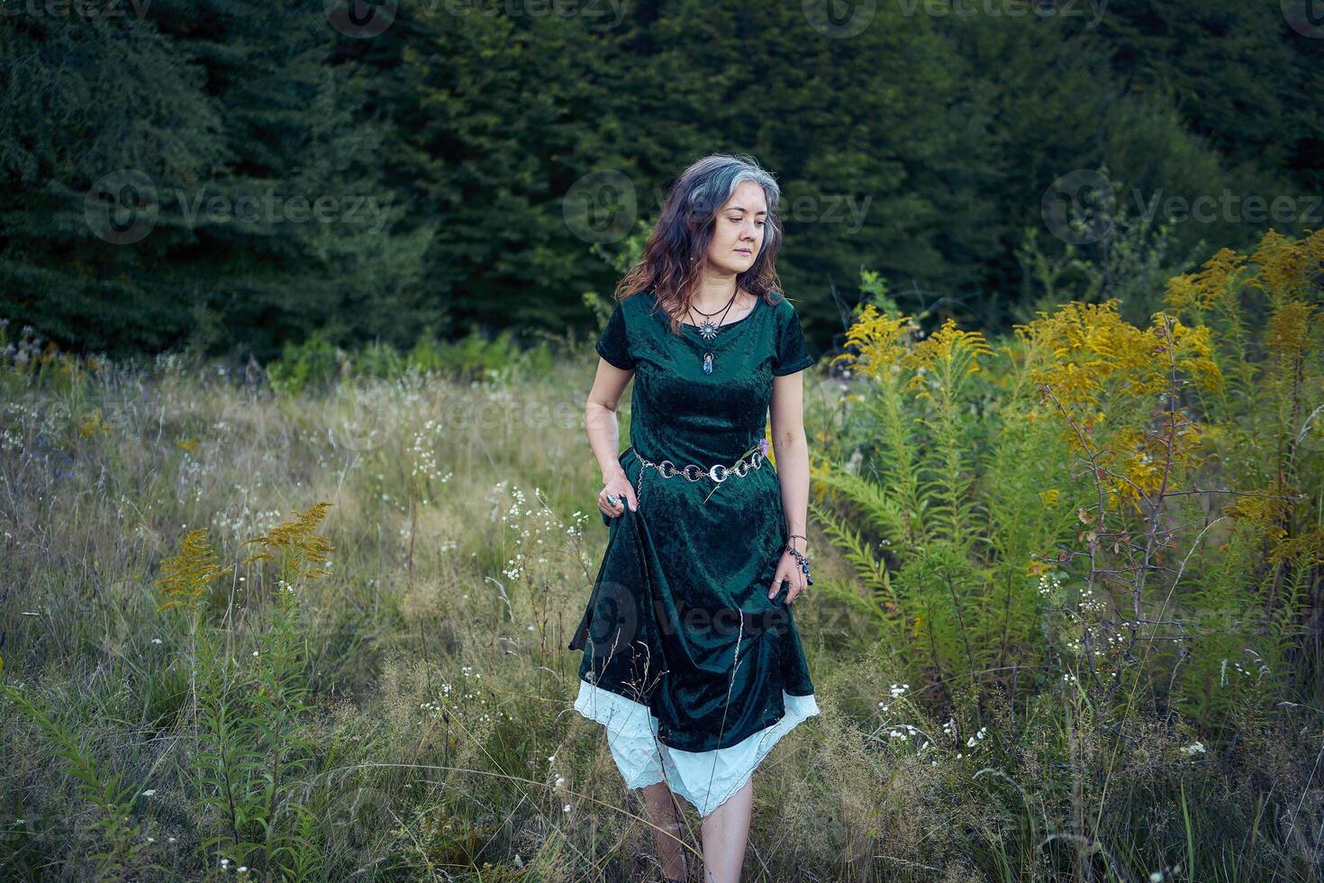 woman in whimsical aesthetic style dress in field in summer at sunset photo