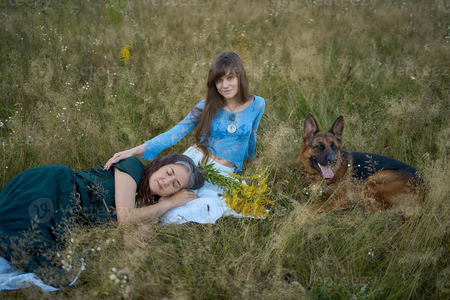 two woman in a whimsical aesthetic style dress with a german shepherd in a field in the summer at sunset photo
